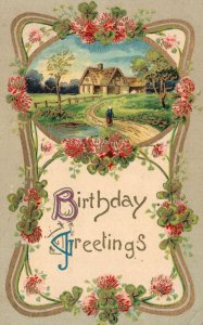 Vintage Postcard Birthday Greetings Wishes Landscape Home Woman Flowers Bordered