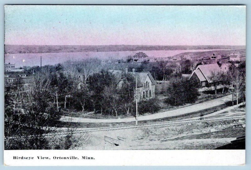 1920's ORTONVILLE MINNESOTA BIRDEYE VIEW*HAND COLORED?*TRAIN TRACKS*HOUSES*RIVER