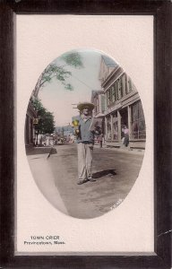 RPPC Provincetown MA Cape Cod, Town Crier, Bell, Embossed Passepartout, 1915-25