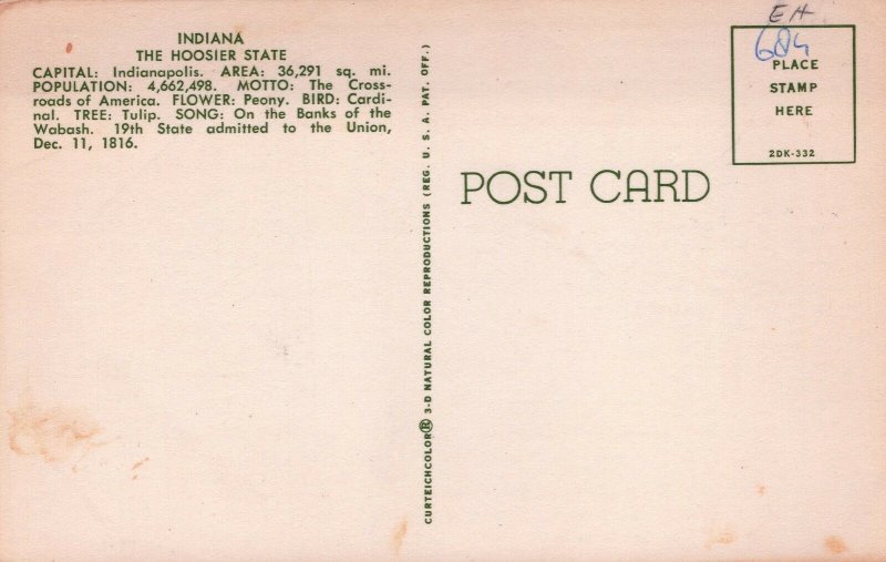 USA Indiana The Hoosier State Map Chrome Postcard 03.71