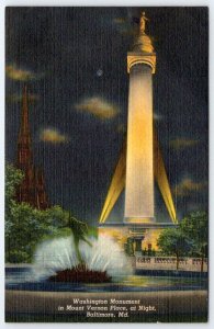 1958 WASHINGTON MONUMENT AT NIGHT BALTIMORE MARYLAND VINTAGE LINEN POSTCARD