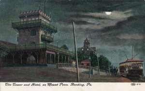 12462 Trolley in Moonlight, Tower & Hotel, Mount Penn, Reading, Penn.