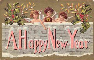 Happy New Year Greetings Cherubs on Wall 1909 postcard