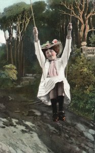 Vintage Postcard 1906 Beautiful Lady Curly Hair w/ Hat Swinging Outside Artwork