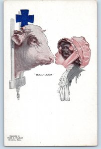 c1910's Pretty Woman And Bull Luck Bull's Head Unposted Antique Postcard