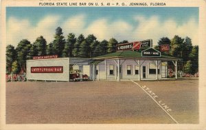 Linen Postcard; Florida State Line Bar, Half in Jennings FL and Half in Georgia