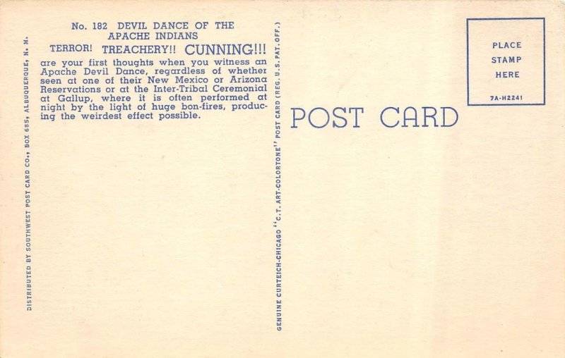 Native American  APACHE INDIAN DEVIL DANCE Tribal Masks  ca1940's Linen Postcard 