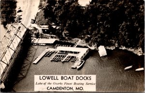 Real Photo Postcard Aerial View Lowell Boat Docks in Camdenton, Missouri