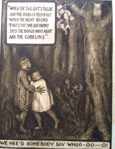 Halloween Postcard Boogie-Man Gobelins Fantasy Owl Sepia Scared Children Woods