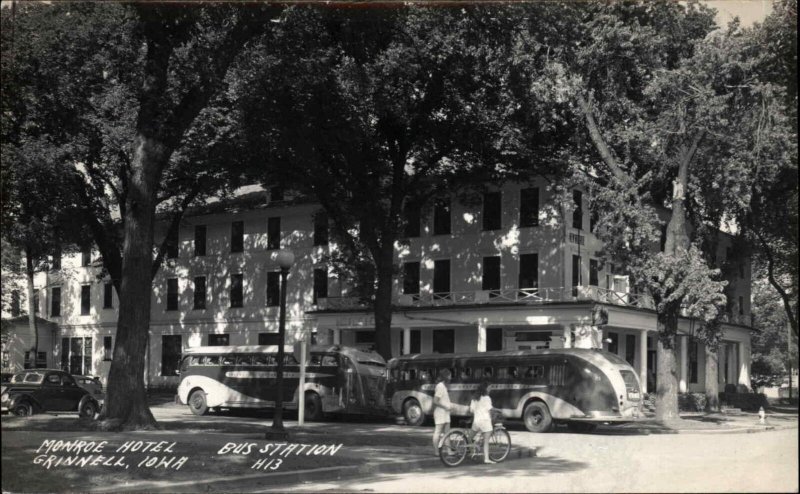 Grinnell Iowa IA Monroe Hotel Bus Station Real Photo Vintage Postcard