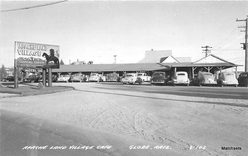 1940s Apache Land Village Cafe GLOBE ARIZONA RPPC postcard 9278 automobiles