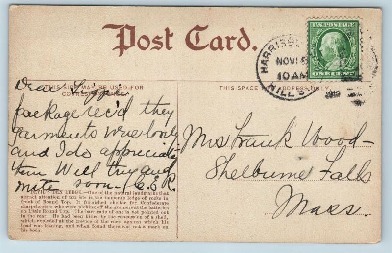 Postcard PA Gettysburg Battlefield Devil's Den 1913 View I24