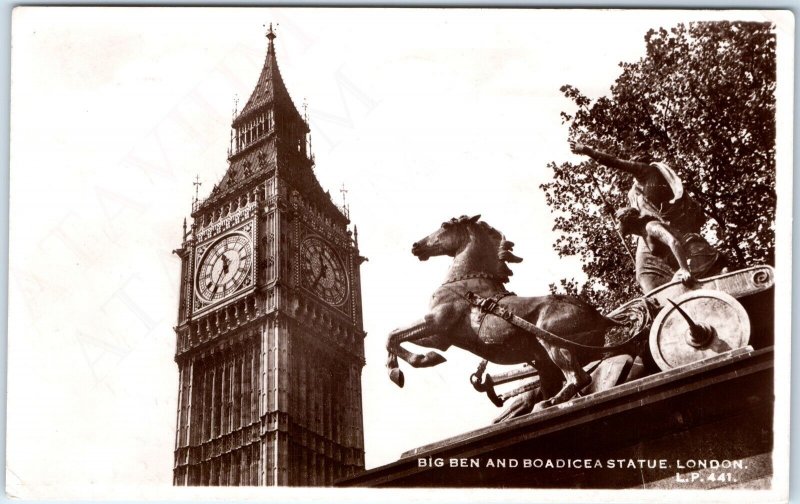 c1940s London, UK RPPC Big Ben Clock Boadicea Statue Westminster Bridge Vtg A337