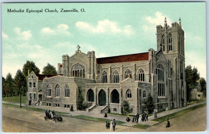c1910s Zanesville, OH Methodist Episcopal Church PC Gothic Tower Street Car A19