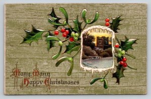 Vintage Embossed Christmas Postcard Holly Mistletoe Winter Scene 1900s Posted