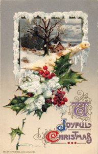 J88/ Merry Christmas Holiday Postcard c1910 John Winsch Snow Holly Scene 49