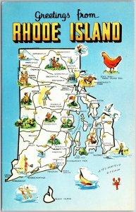 Rhode Island RI, Little Rhody, Famous Places, Map, Greetings, Vintage Postcard