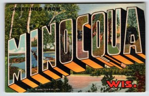 Greetings From Minocqua Wisconsin Large Big Letter Postcard Curt Teich Unused