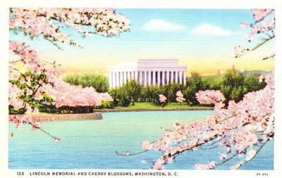 DC - LINCOLN MEMORIAL & CHERRY BLOSSOMS - LINEN UNUSED - ...