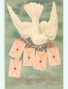 Bent Corner Pre-1907 WHITE DOVE BIRD DELIVERS EASTER CARDS ON RIBBON o3080