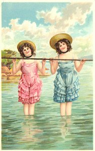 Women Pink And Blue Bathing Dresses Embossed PFB Postcard