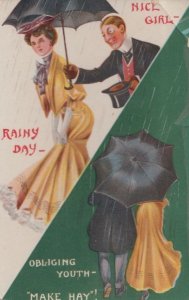 Nice Girl Rainy Day Umbrella Bad Weather Courting Romance Old Comic Postcard