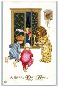 1925 Happy New Year Children On Window Candle Light Clock Embossed Postcard