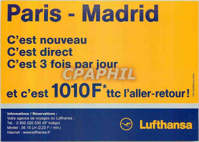 Modern Postcard Lufthansa Paris Madrid is it's New Direct is 3 times per day