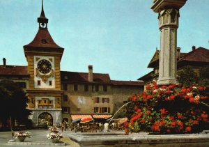 Postcard Murten Morat Beautiful Flower Landscape Tower Clock Murten, Switzerland