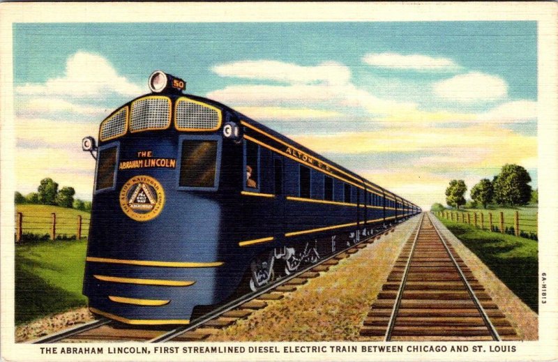 Train ABRAHAM LINCOLN Alton Railroad CHICAGO To ST LOUIS ca1940's Linen Postcard