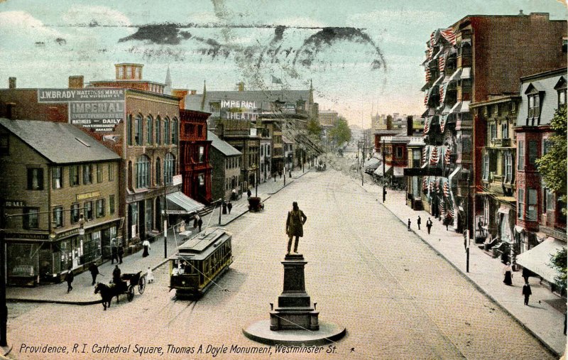 RI - Providence. Cathedral Square, Westminster St, Doyle Monument, Trolley