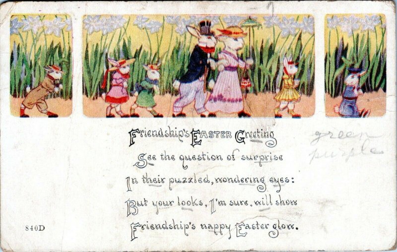 Anthropomorphic Well Dressed Rabbit Family Bunnies Vintage Easter Postcard BE
