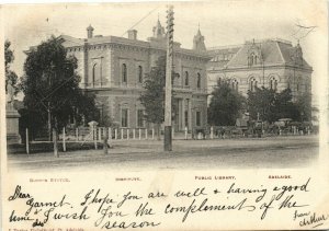 PC AUSTRALIA, ADELAIDE, PUBLIC LIBRARY, BRUN'S STATUE, Vintage Postcard (b31444)