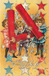 WInsch Embossed Postcard Fourth of July Ser. 4, Children & Big Fireworks, Stars