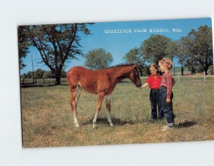 Postcard Two Girls Feeding a Pony Greetings from Hudson Wisconsin USA