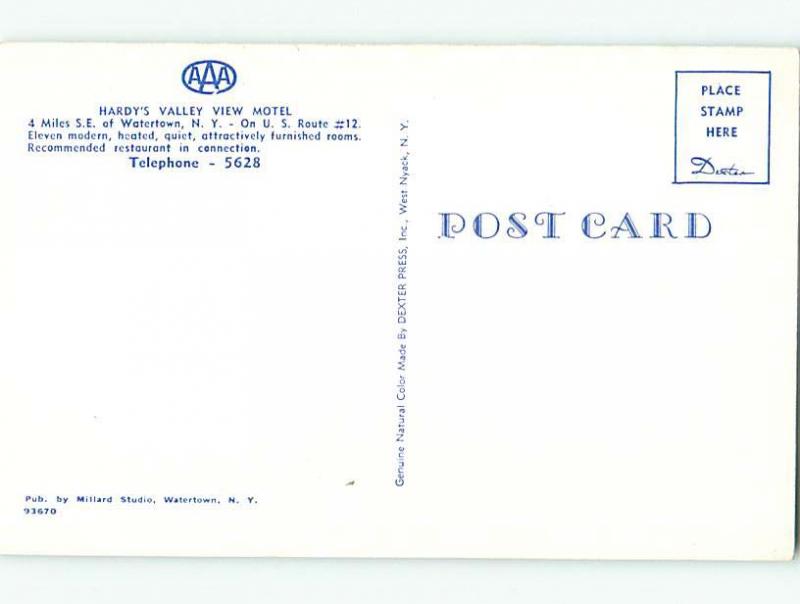 Unused Pre-1980 HARDY'S VALLEY VIEW MOTEL Watertown New York NY u1498