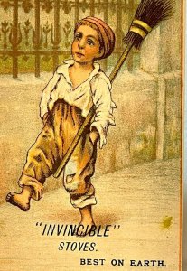 Victorian Trade Card Invincible Stoves CHICAGO ERIE STOVE CO. Boy Chimney Sweep