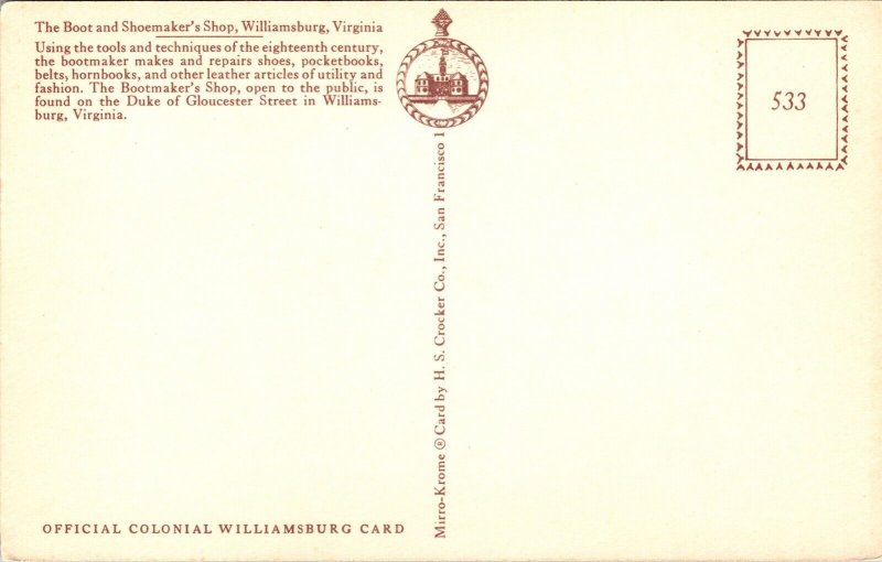 Boot Shoemaker Shop Williamsburg Virginia VA Postcard VTG UNP Mirro Colonial  