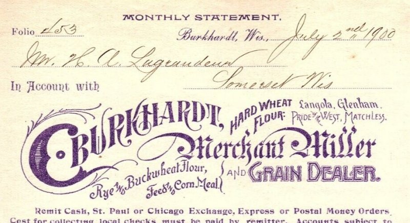 1900 BURKHARDT WISCONSIN C. BURKHARDT GRAIN DEALER BILLHEAD STATEMENT Z651