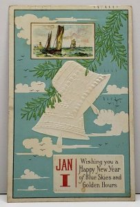 New Year Greeting Nautical Seascape Ships Bells Clouds 1912 Postcard G12