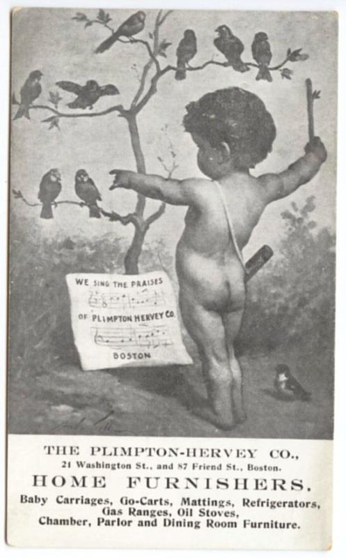 Boston MA Plimpton-Hervey Home Furnishers Cupid Sing Birds Advertising Postcard