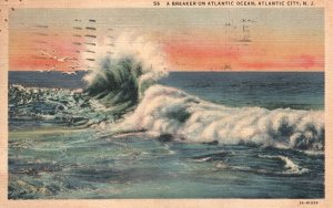 Vintage Postcard 1938 A Breaker On Atlantic Ocean Atlantic City New Jersey NJ