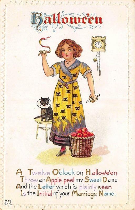 Halloween Greetings Black Cat Clock Young Woman Apples Poem Embossed Postcard 