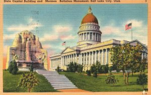 USA State Capitol and Mormon Battalion Monument Salt Lake City Linen 03.66