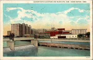 Quaker Oats Grain Elevators, Municipal Dam Cedar Rapids IA c1934 Postcard B34