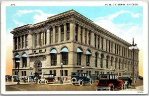 VINTAGE POSTCARD THE PUBLIC LIBRARY IN CHICAGO ILLINOIS BUGGIES SCENE 1937