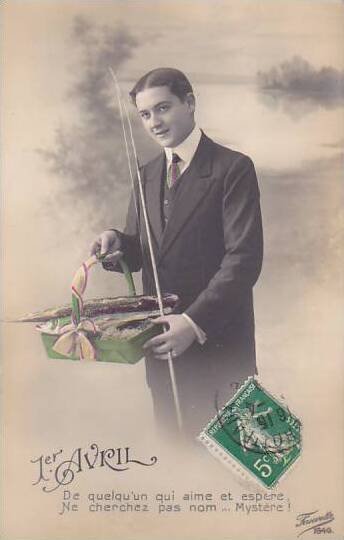 1er Avril April Fool's Day Man With Fishing Rod Holding  Basket Of Fish ...