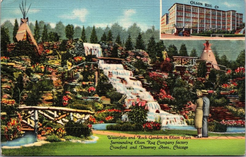 Rock Gardens Waterfalls Tipis Olson Rug Company Chicago Illinois Postcard 1940