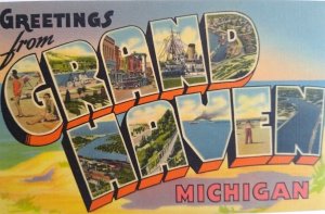 Greetings From Grand Haven Michigan Large Big Letter Postcard Linen Unused 68437