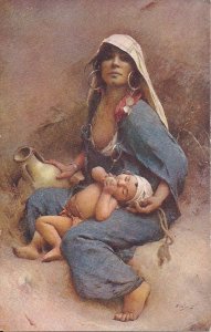 Semi Nude Bedouin Woman w Baby by Well, Pinchart Artist, Erotic Risque, ca. 1910